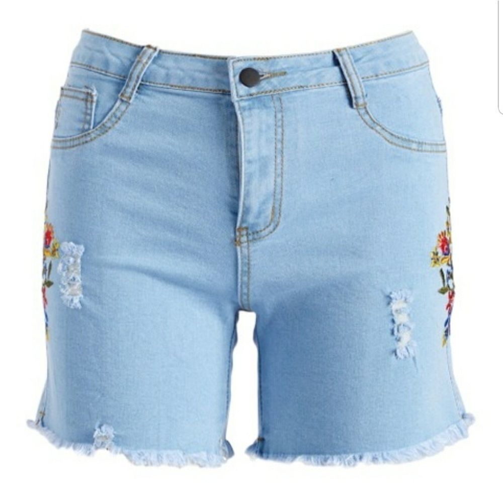 Ananda Denim Blue Distressed Embroidery Short